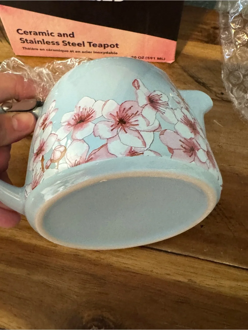 NWT Alfred Light Blue Ceramic Teapot with Pink Floral Pattern and Infuser